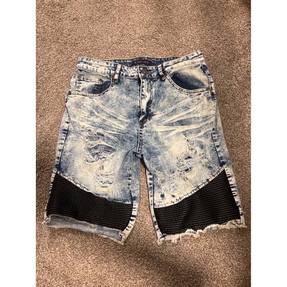 M Society Mens Distressed Acid Wash Denim Shorts Black Mesh Panel Size 32